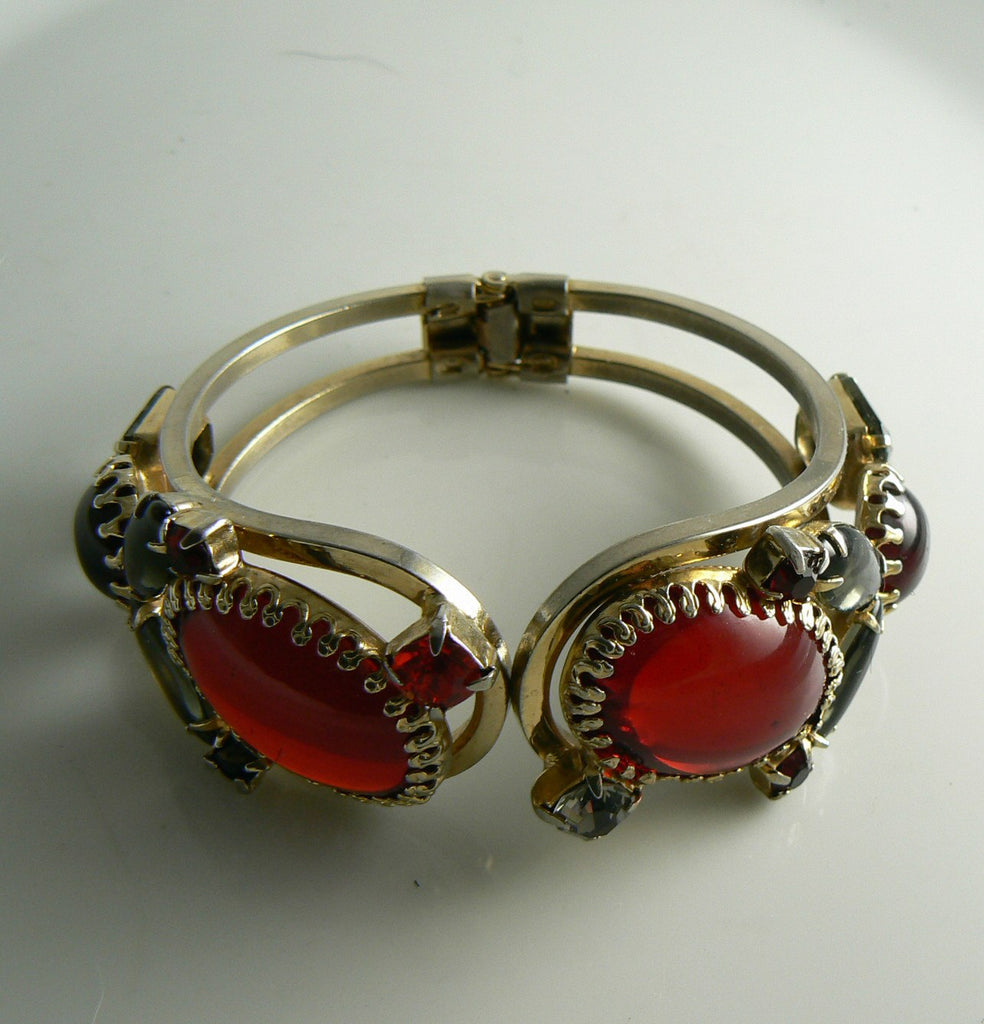 Vintage Red Cabochon Red, Gray Rhinestone Clamper Bracelet, Juliana style bracelet - Vintage Lane Jewelry