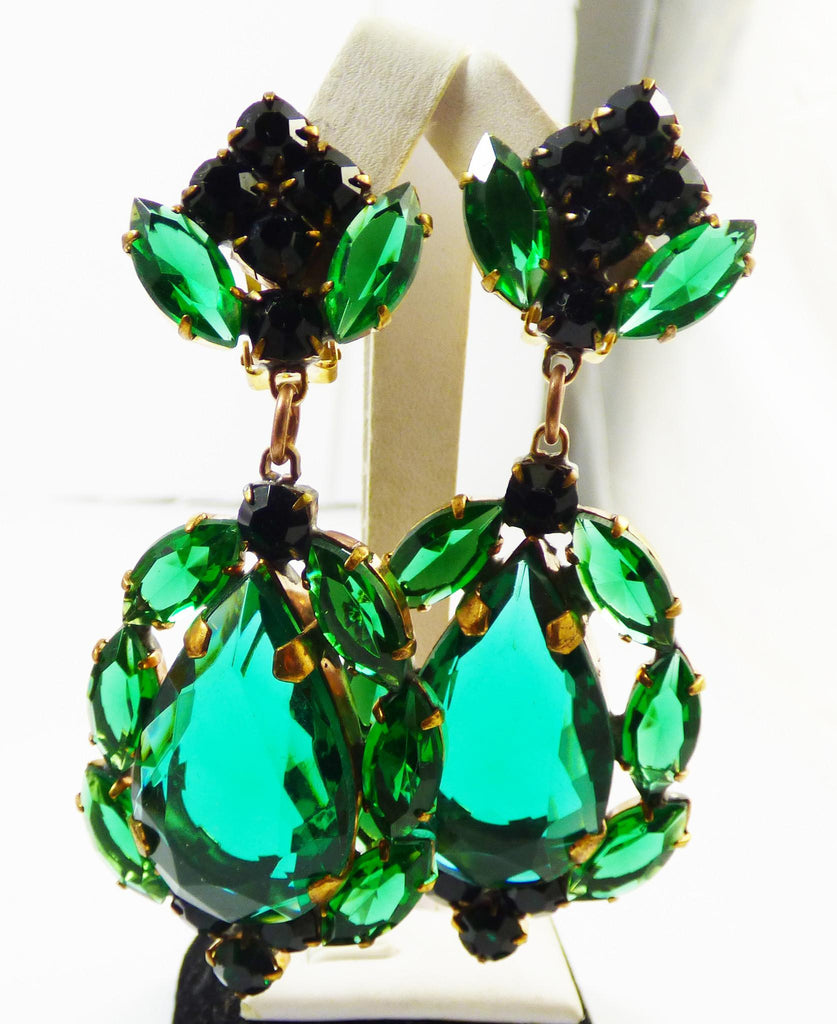 Emerald Green Czech Glass Huge Dangling Clip Earrings