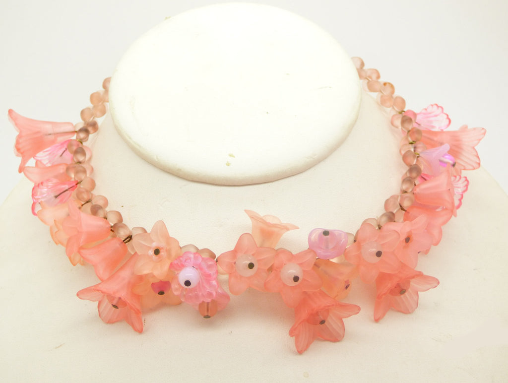 Lucite Flowers and Glass Bead Necklace, Opaque Peach and Rose Colors