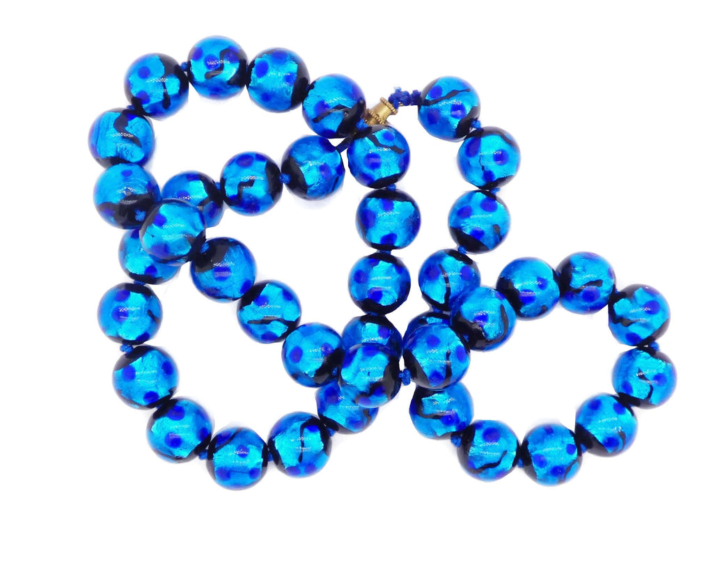 Art Deco Peacock Blue and Black Foil Art Glass Necklace