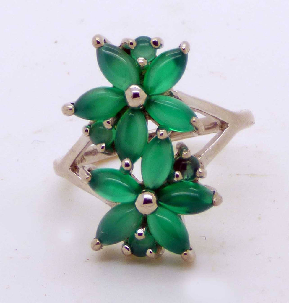 Natural Gemstone Aventurine Double Flower Ring, 14k white gold over sterling silver, Size 7.