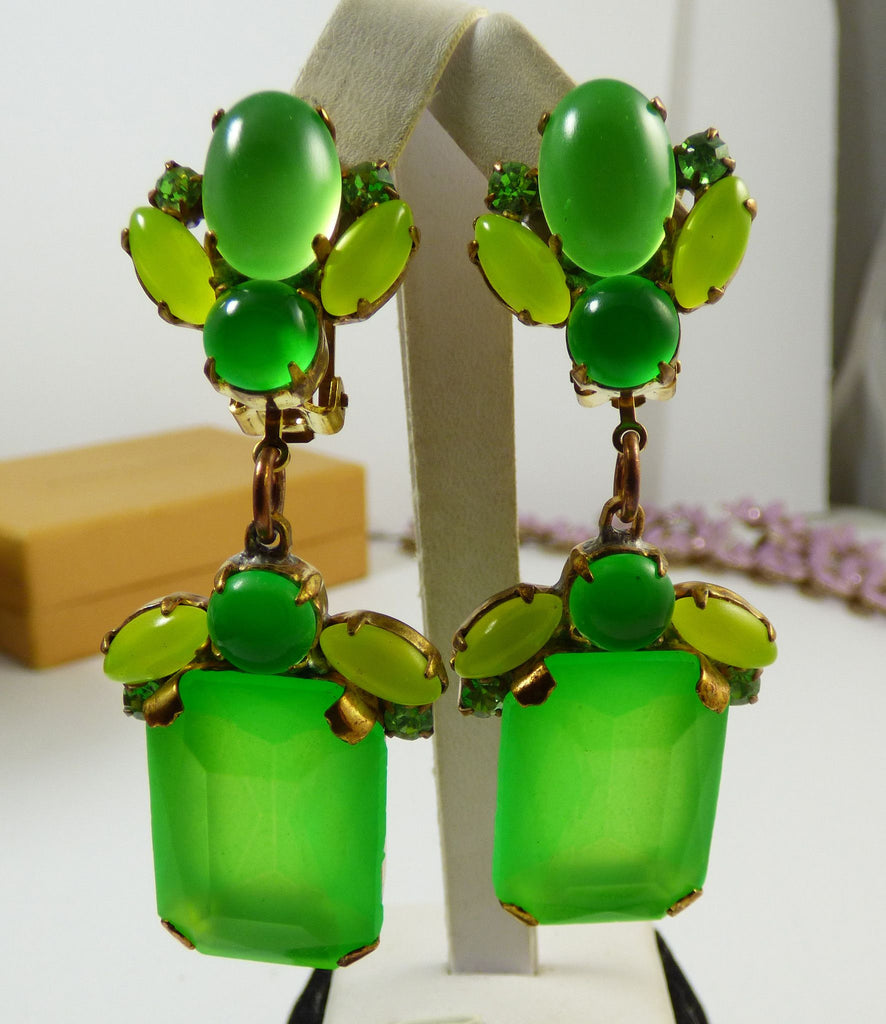 Czech Neon Green Clip Earrings