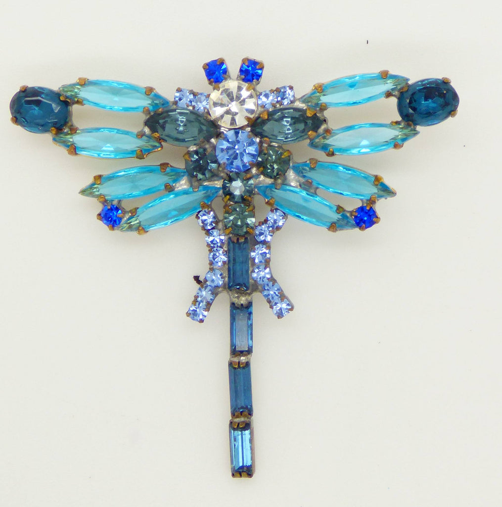 Czech Glass Montana Blue and Aqua Rhinestone Dragonfly Pin Brooch
