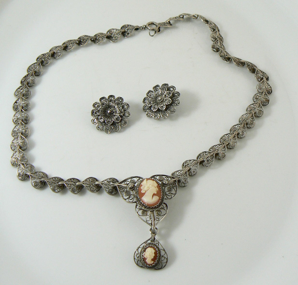 Estate Sterling Silver Filigree Carved Shell Cameo Necklace Earring Set - Vintage Lane Jewelry