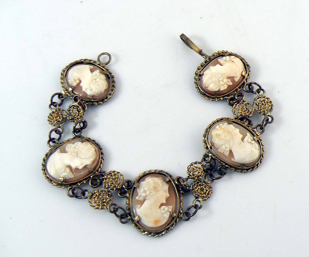 Vintage Art Deco Shell Cameo Filigree Bracelet