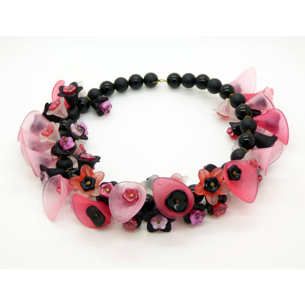 Pink Lucite Flowers, Glass Flowers and Black Glass Beads Necklace