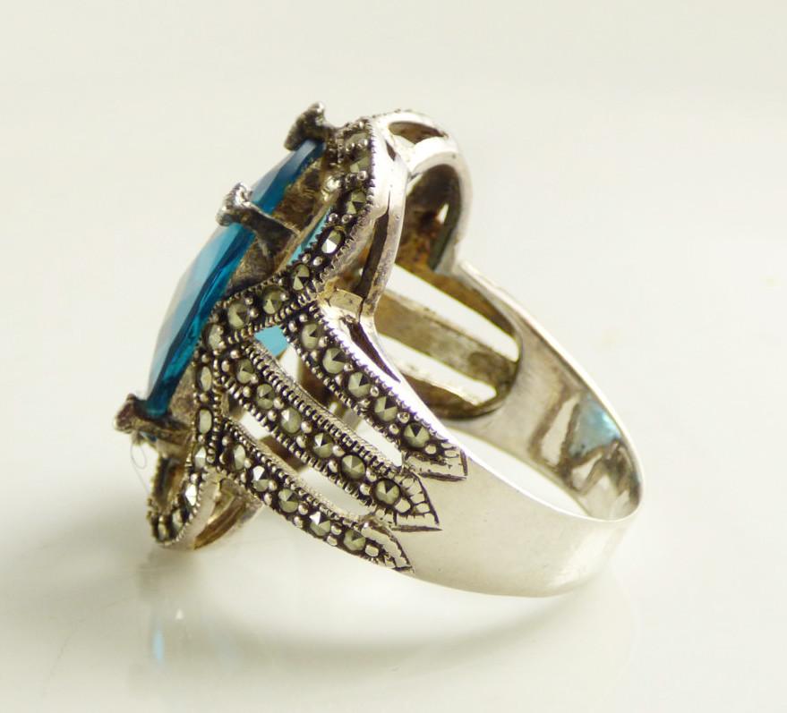 Victorian 23ct Blue Quartz Sterling Silver Marcasite Ring - Vintage Lane Jewelry