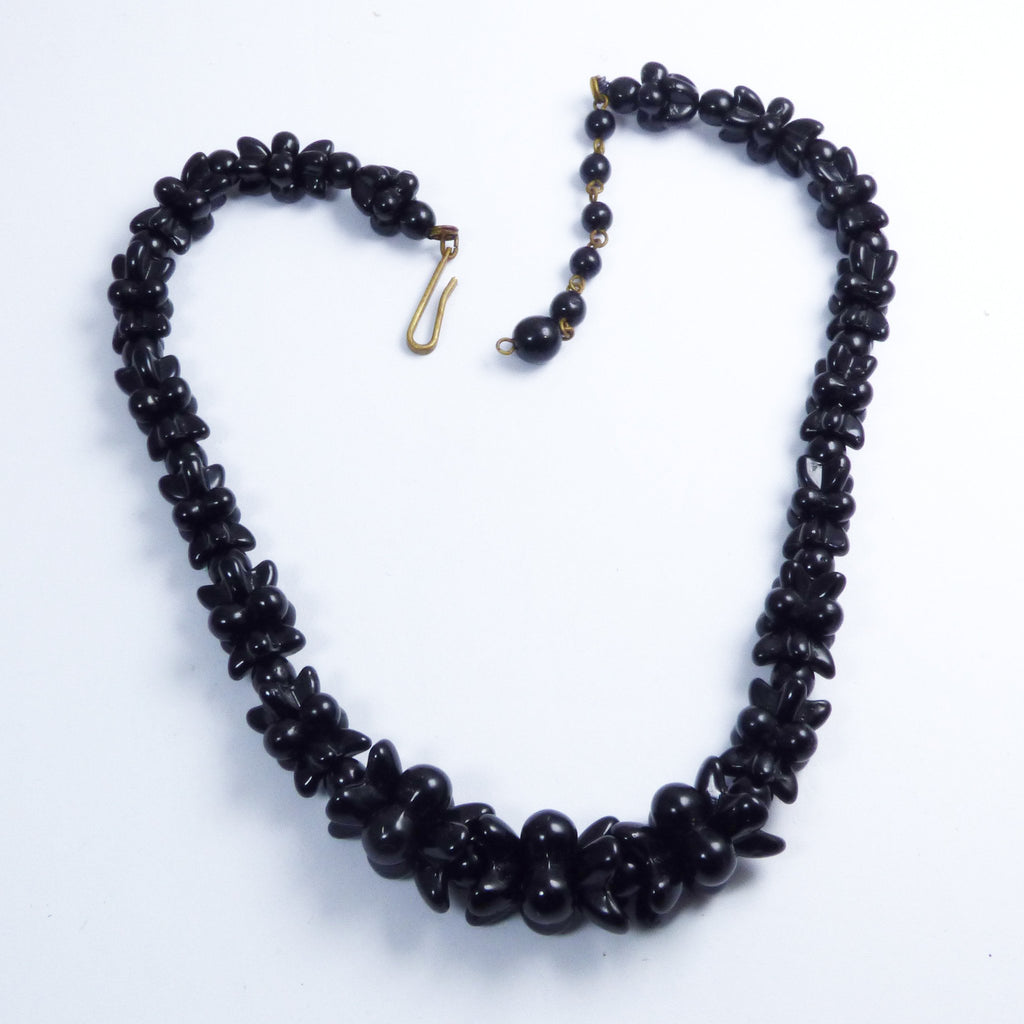 Vintage Germany Molded Black Glass Flower Beaded Necklace Choker