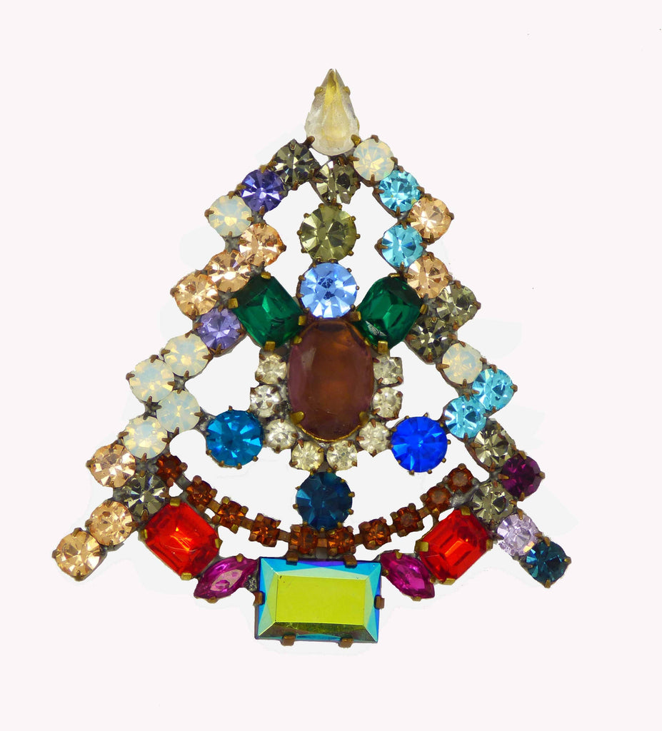 Czech Glass Christmas Tree Pin, Rhinestone Brooch