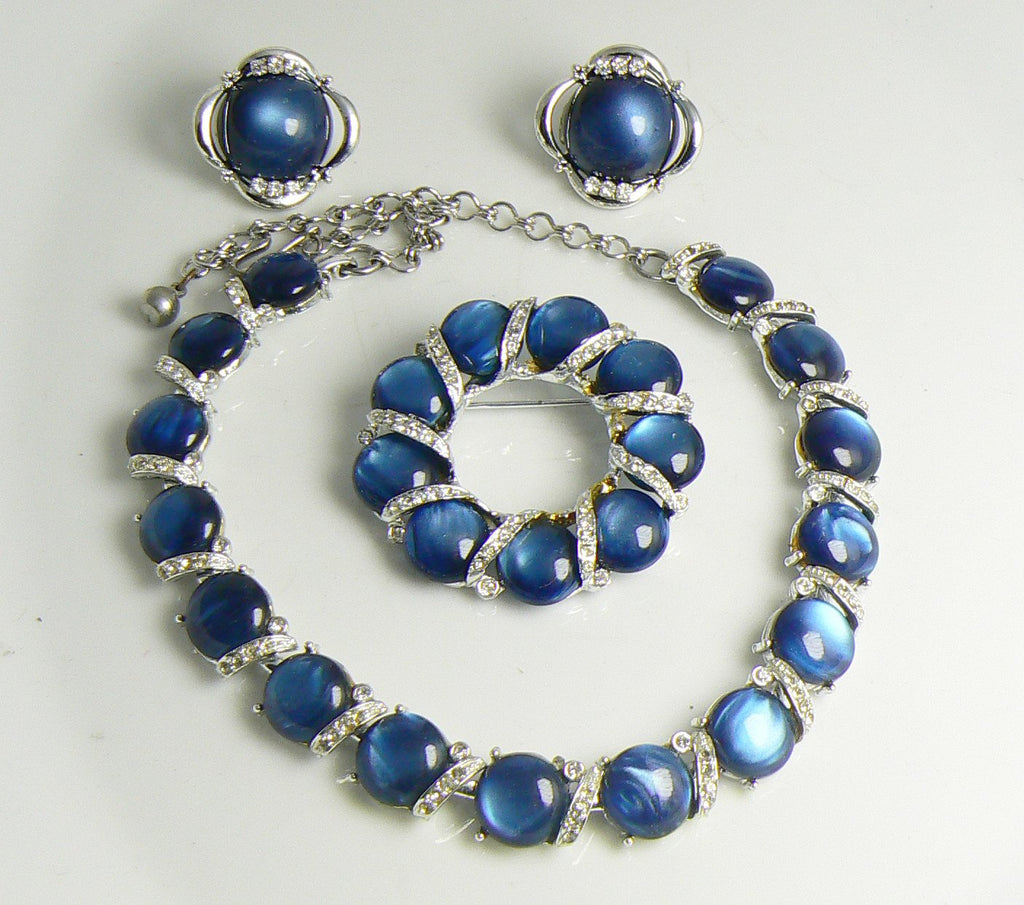 3 Piece Coro Montana Blue Moonglow and Clear Rhinestone Necklace Brooch & Earrings