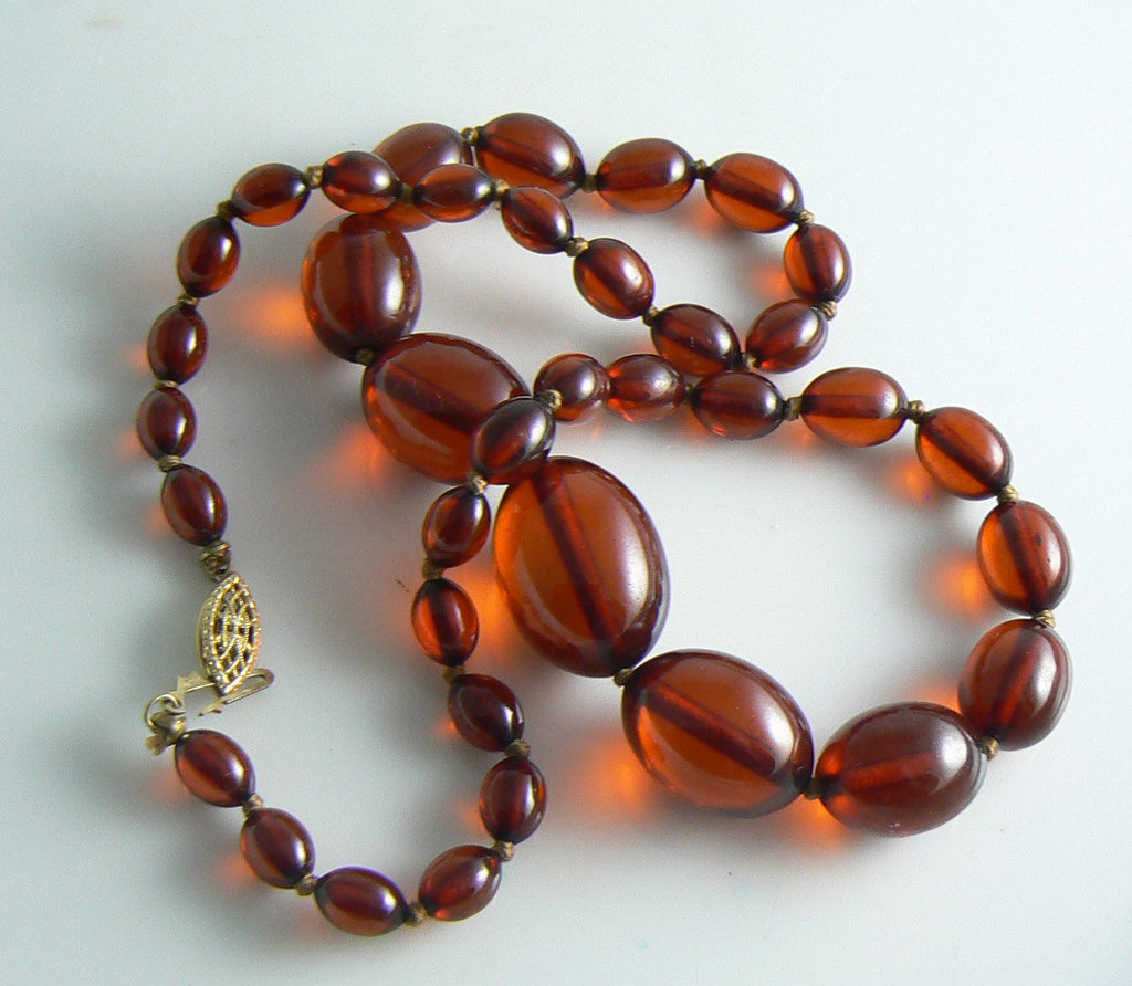 Art Deco Sterling & Cherry Amber Bakelite Bead Necklace