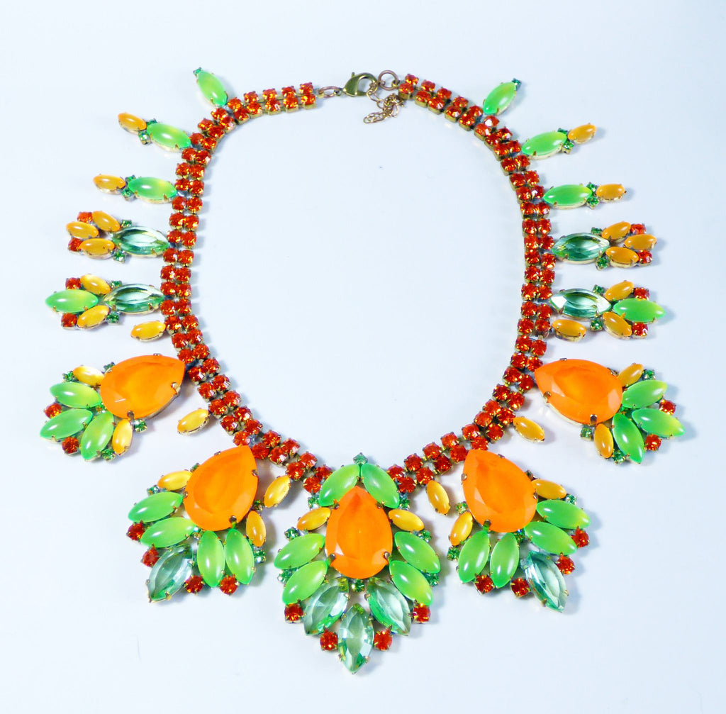 Orange and Green Rhinestones Neon Czech Glass Statement Necklace