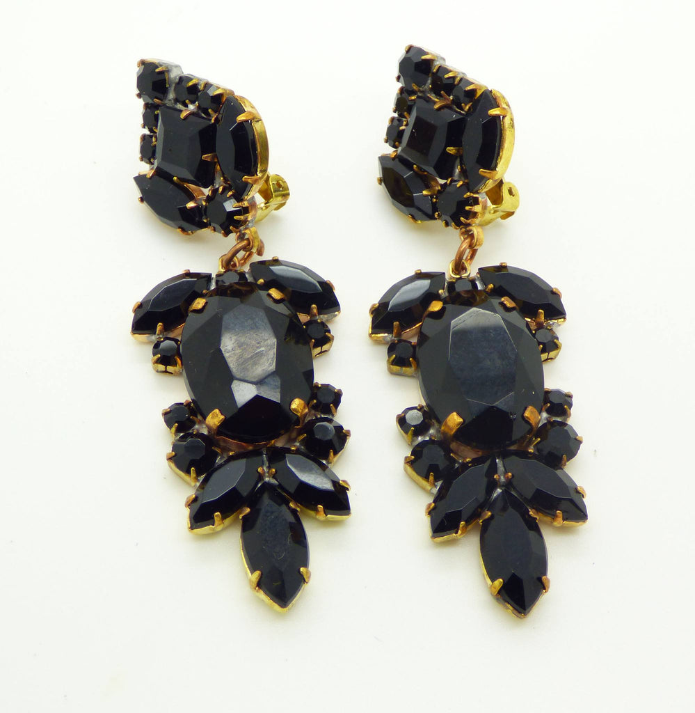 Large Black Czech Glass Dangling Clip Earrings - Vintage Lane Jewelry
