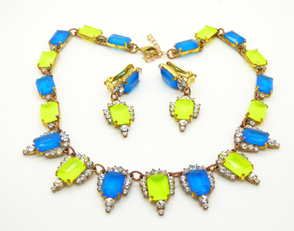 Czech glass Neon Blue and Yellow square cut rhinestones necklace and clip earrings