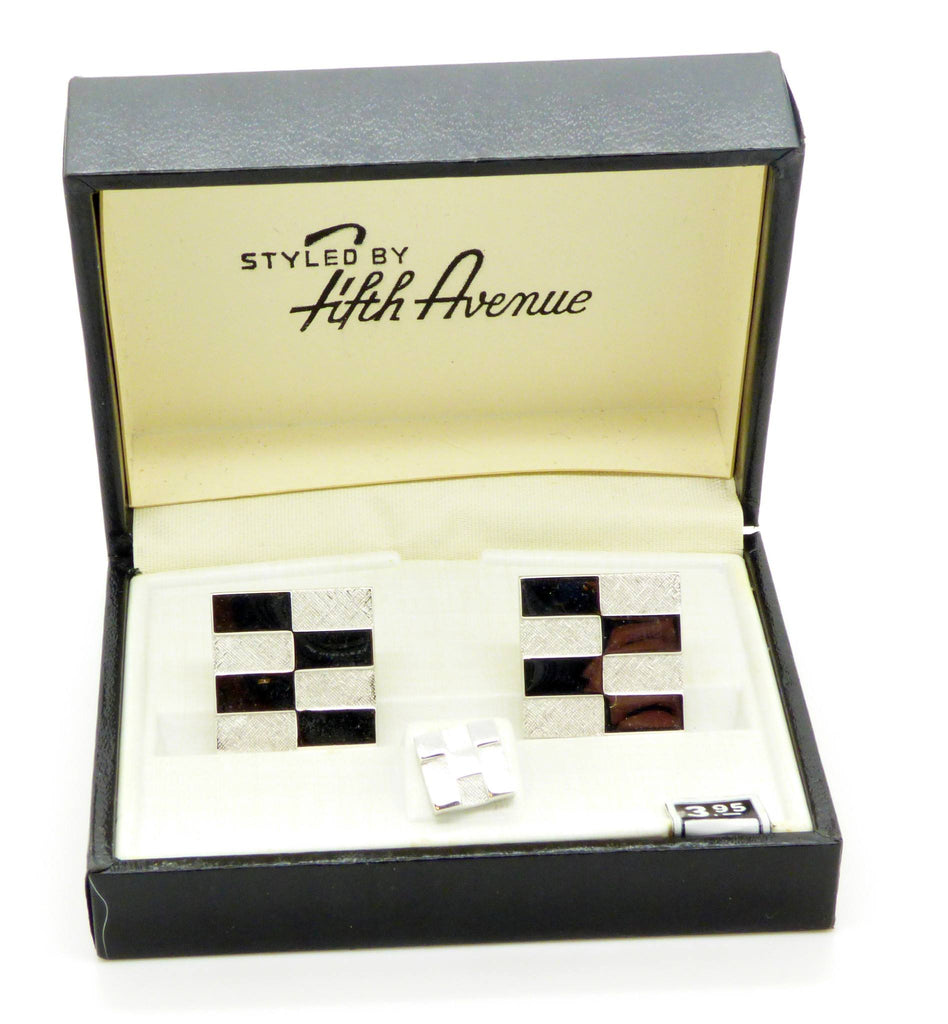 Checkerboard Silver Tone Cufflinks and Tie Tack Set in Original Box, Signed Shield.