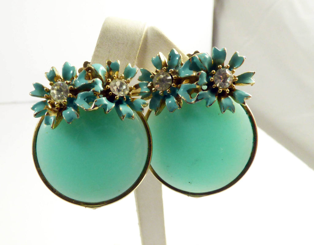 Blue Bead Enamel and Rhinestone Flowers Necklace Bracelet Earring Set - Vintage Lane Jewelry