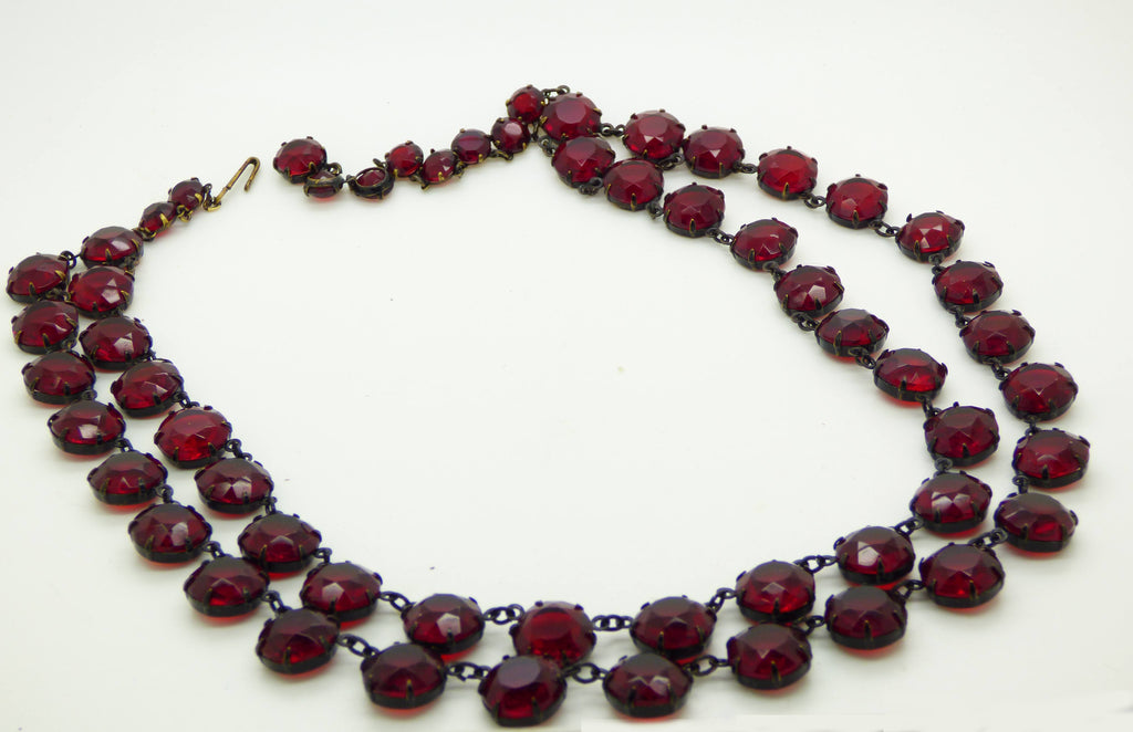 Art Deco 2 Strand Ruby Red Round Cut Crystal Open Back Necklace - Vintage Lane Jewelry