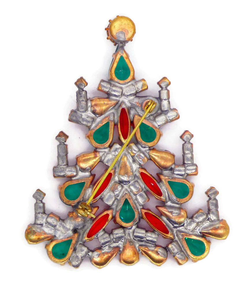 Czech Glass Christmas Tree Brooch with Candles, Vintage Rhinestones Xmas Tree Pin - Vintage Lane Jewelry