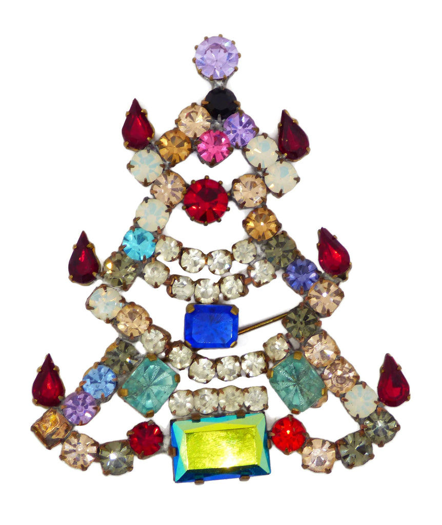 Czech Glass Multicolored Bijoux MG Christmas Tree Pin, Rhinestone Brooch