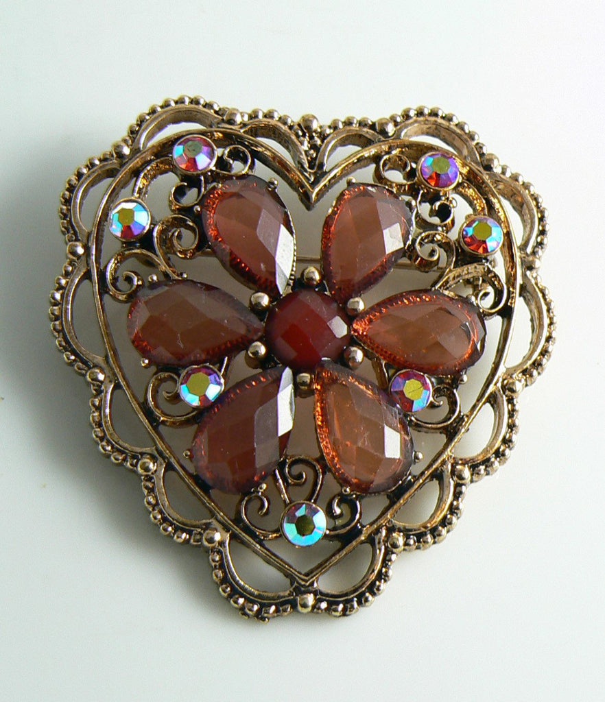 Copper and Pink Red Rhinestone Heart Brooch