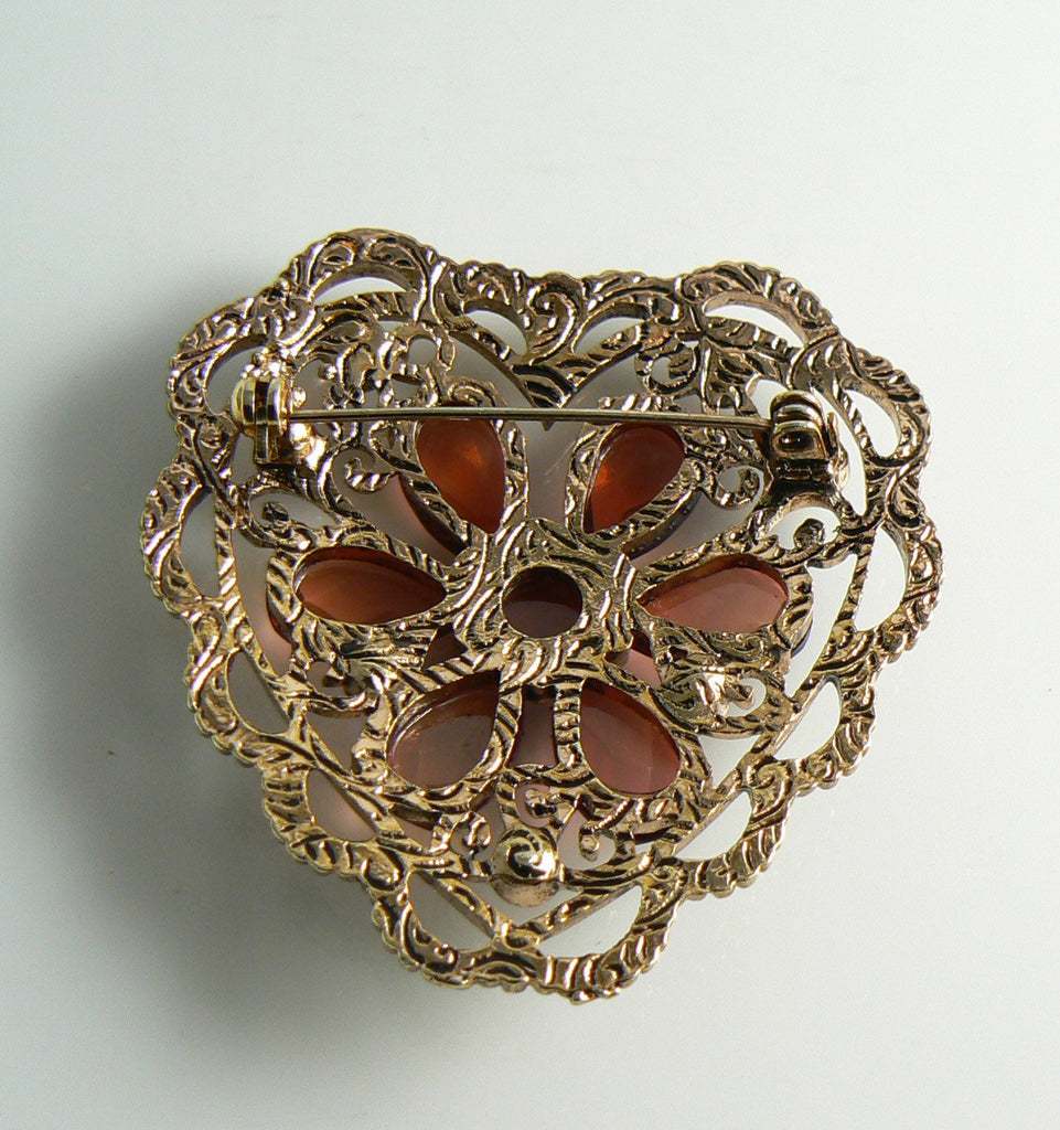 Copper and Pink Red Rhinestone Heart Brooch - Vintage Lane Jewelry