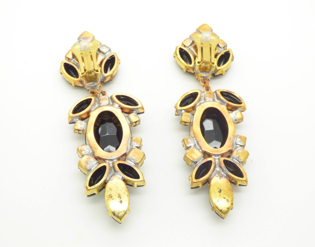 Large Black Czech Glass Dangling Clip Earrings - Vintage Lane Jewelry