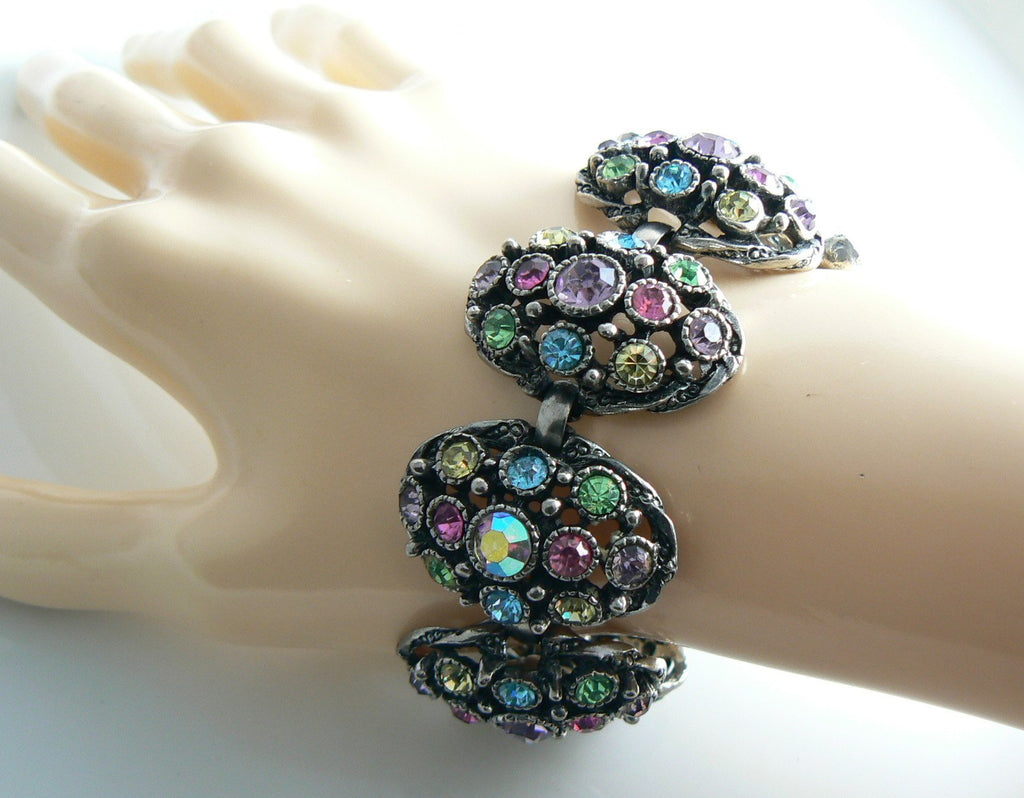 Vintage Hollycraft Silvertone Pastel Rhinestone Bracelet