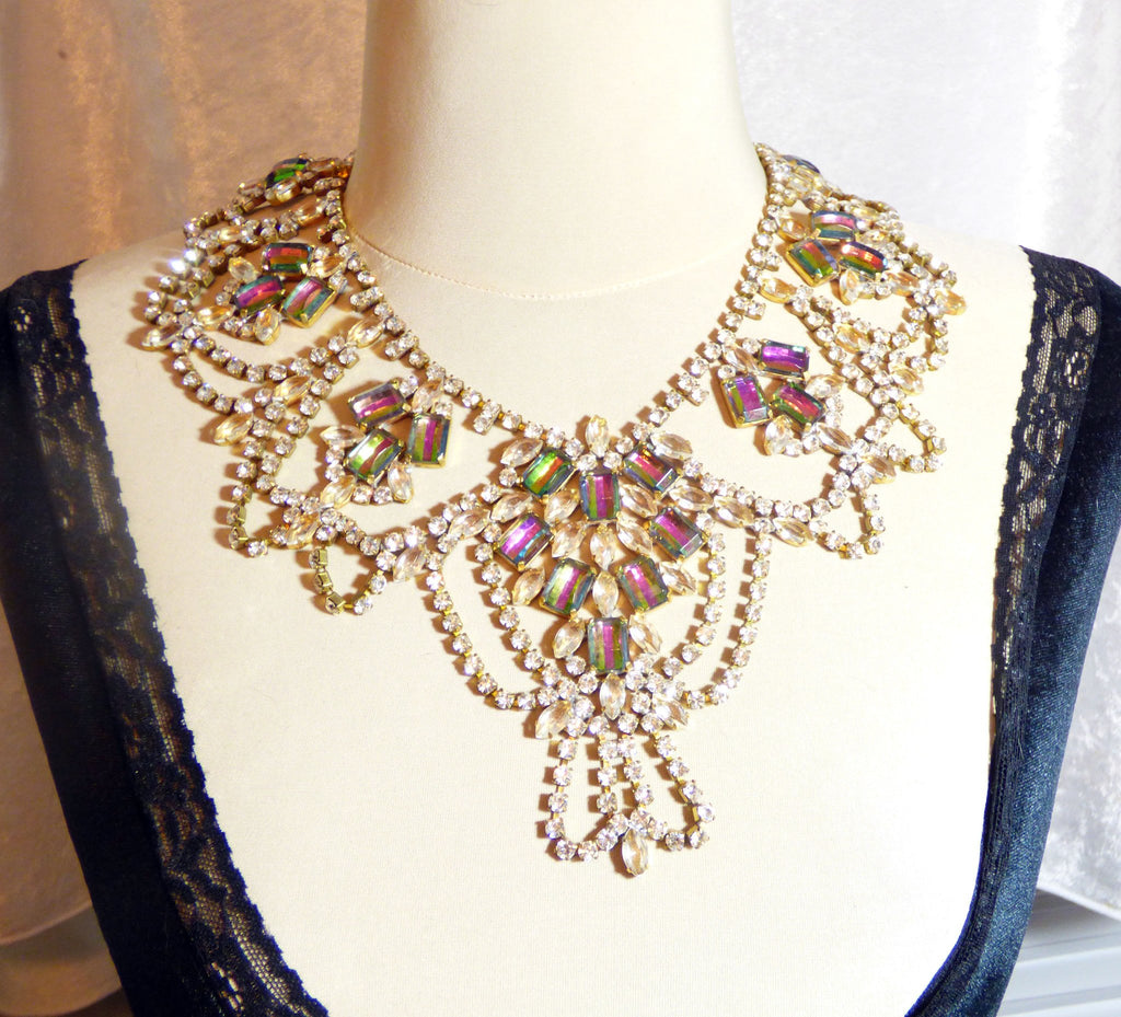 Czech Glass Huge Statement Watermelon Heliotrope Rhinestone Necklace - Vintage Lane Jewelry