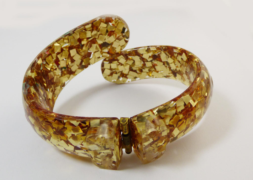 Confetti and Sea Shells Lucite Clamper and Earring Set - Vintage Lane Jewelry