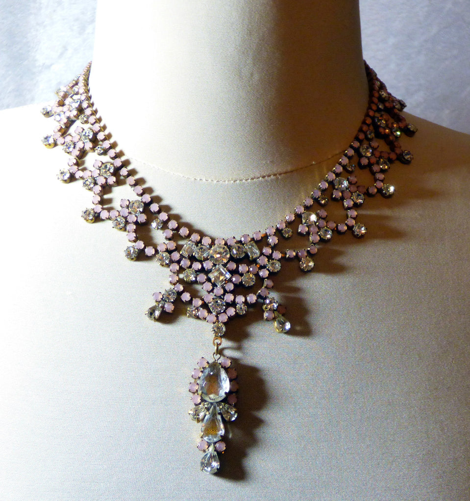 Husar D Opaque Pink and Clear Czech Glass Rhinestone Necklace