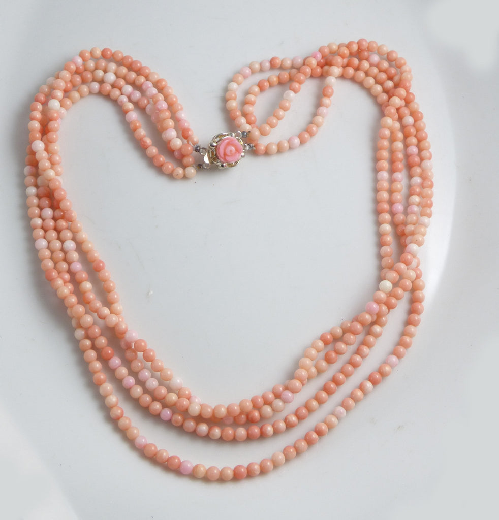 Angel Skin Coral Natural 4 Strand Necklace with Carved Coral Flower Clasp - Vintage Lane Jewelry