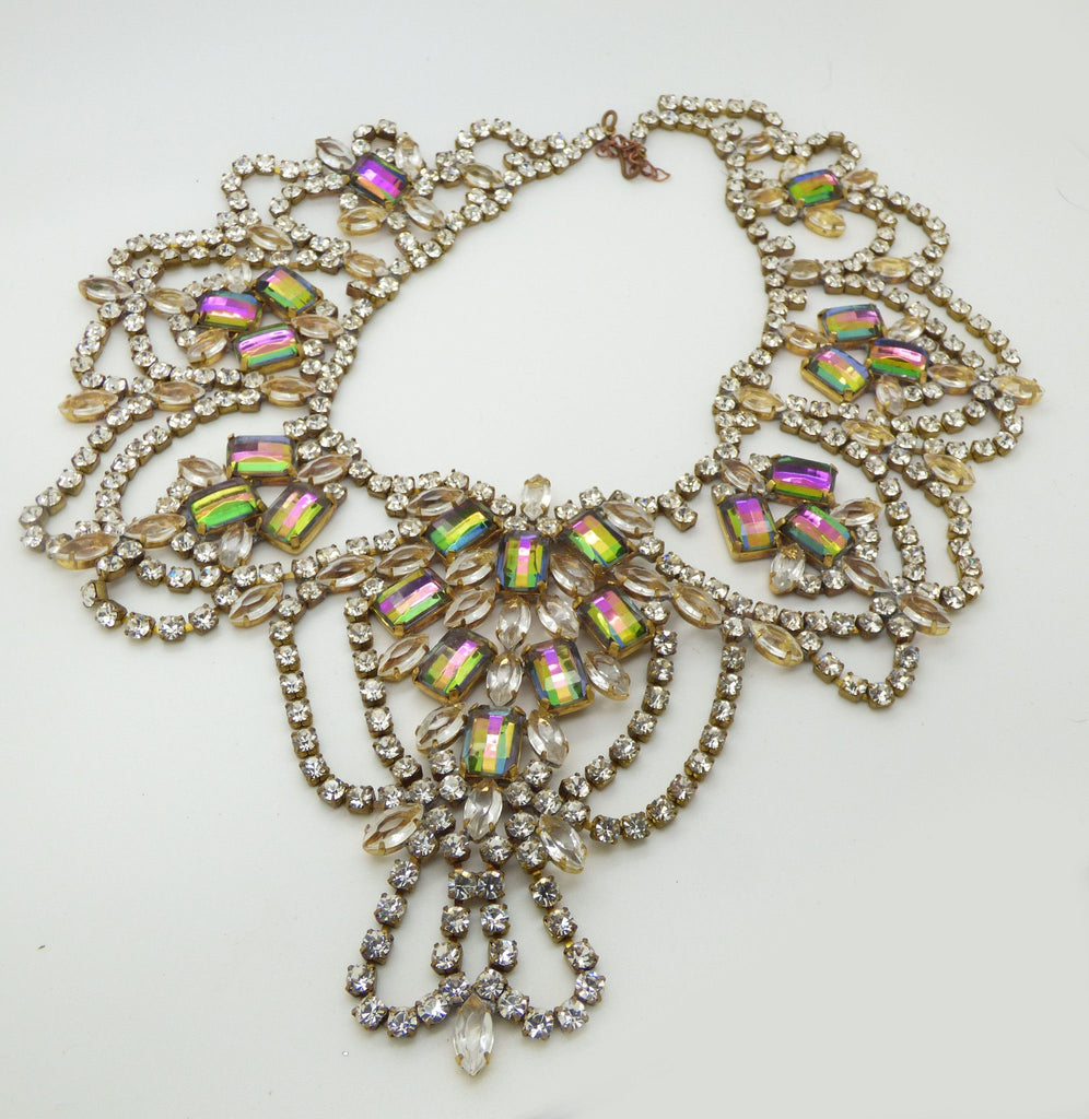 Czech Glass Huge Statement Watermelon Heliotrope Rhinestone Necklace