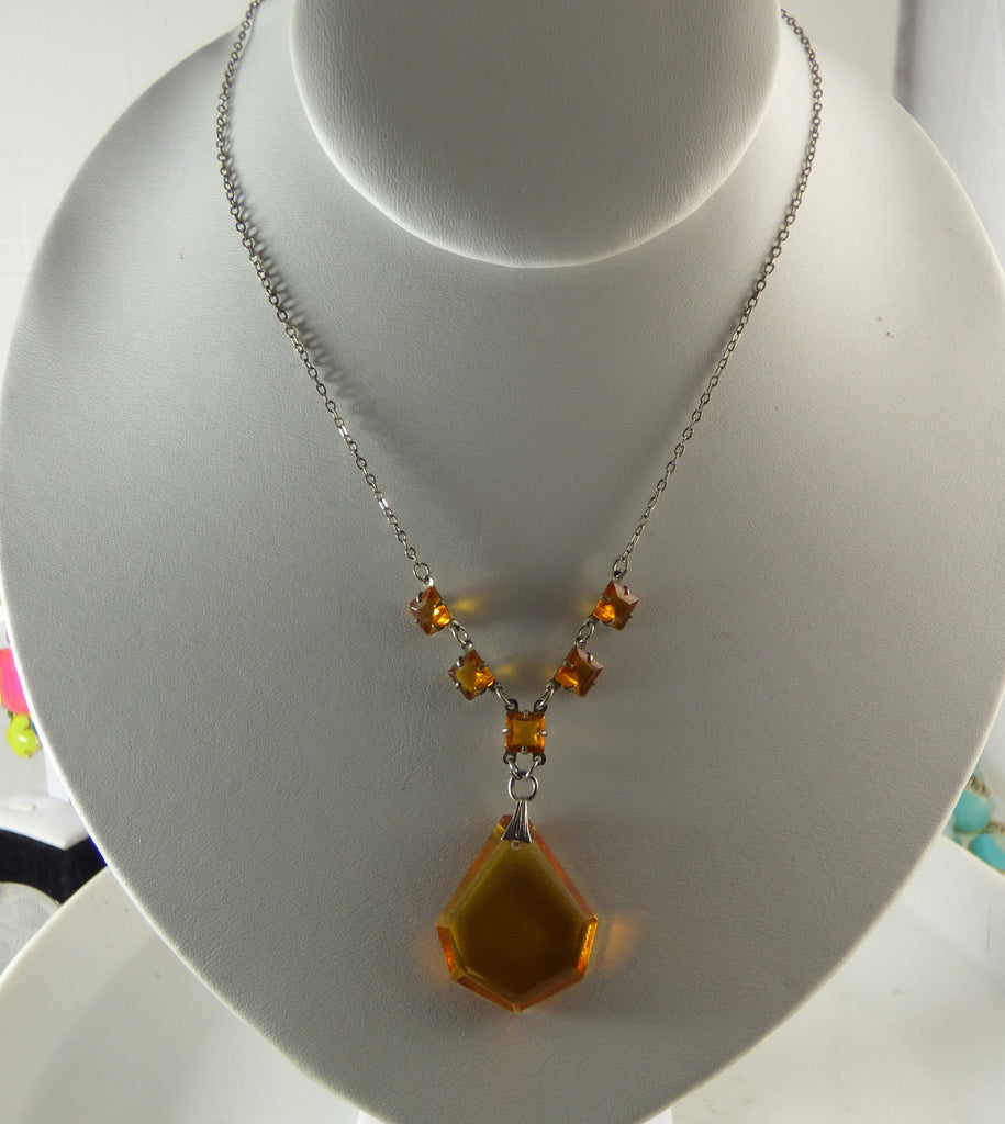 Czech glass amber necklace has prong set, open back, faceted glass squares - Vintage Lane Jewelry