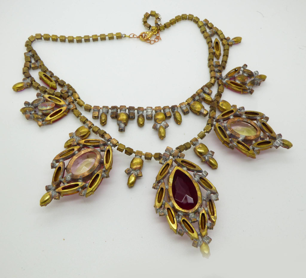 Czech Glass Statement Reds and Pinks Rhinestone Necklace - Vintage Lane Jewelry