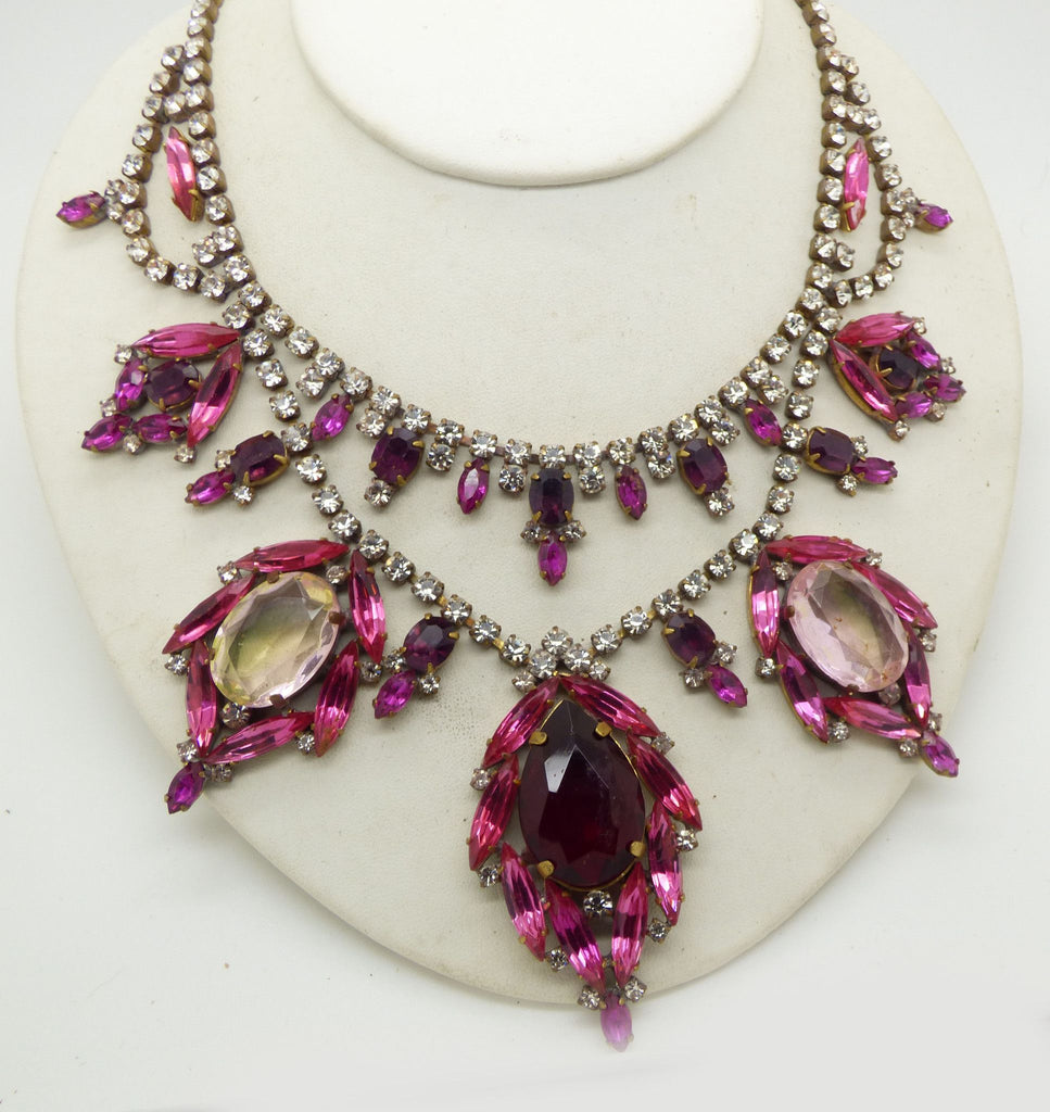 Czech Glass Statement Reds and Pinks Rhinestone Necklace - Vintage Lane Jewelry