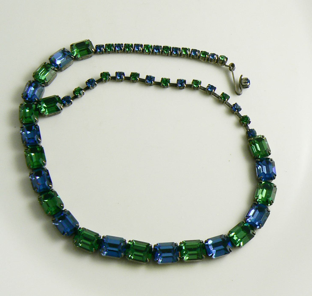 Vintage Weiss Emerald Cut Blue and Green Glass Stone Necklace