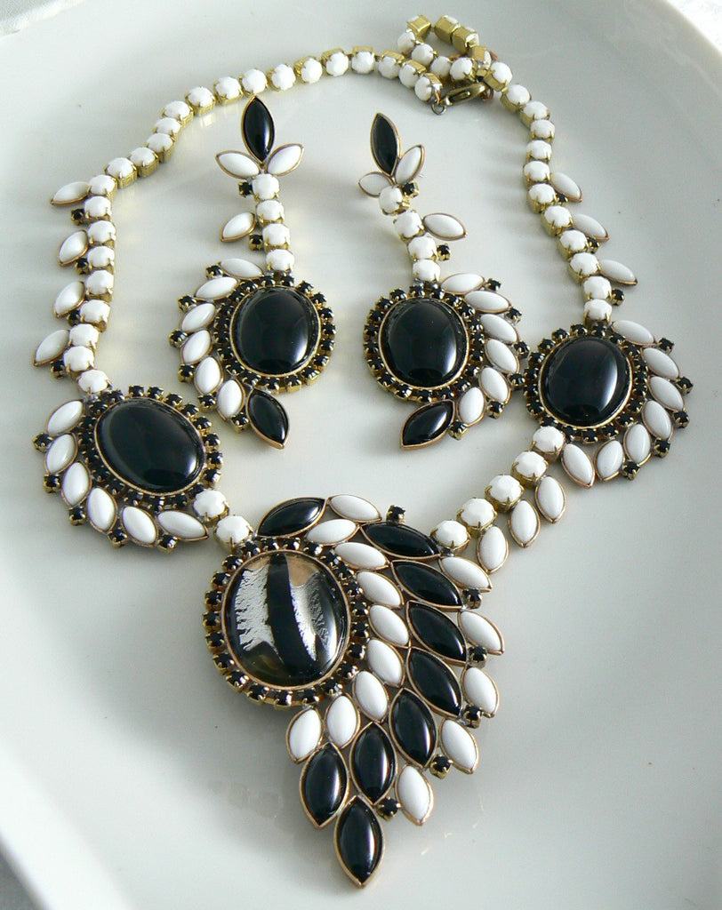 Czech Glass Black And White Taboo Necklace Earring Set