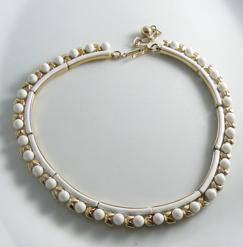 Trifari Milk Glass Gold Tone Segmented Choker Necklace