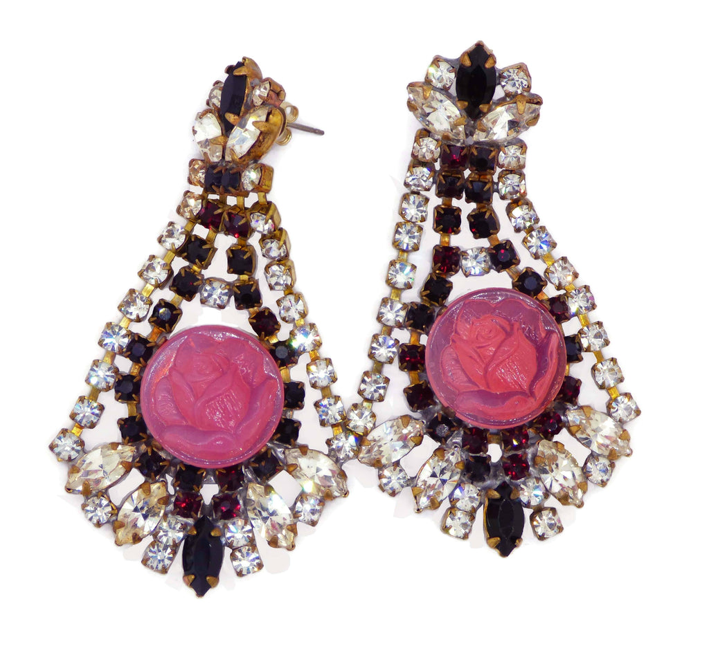 Czech Glass Rhinestone Pink Rose Earrings