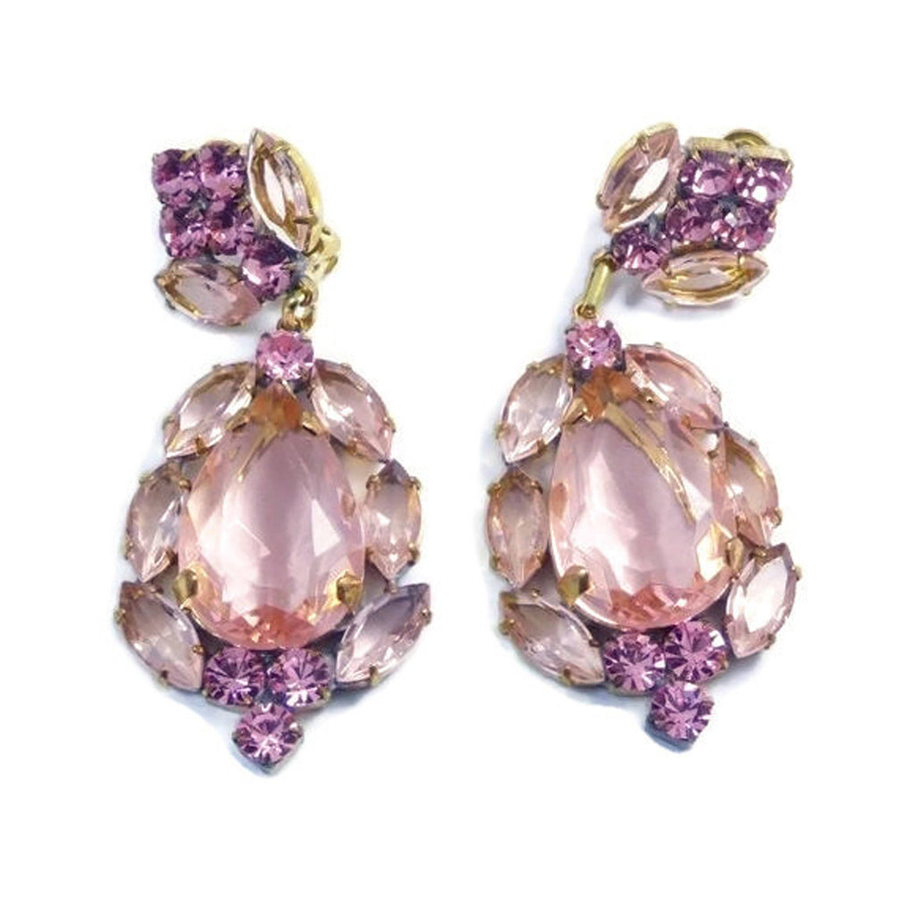 Pink Czech Glass Huge Dangling Clip Earrings