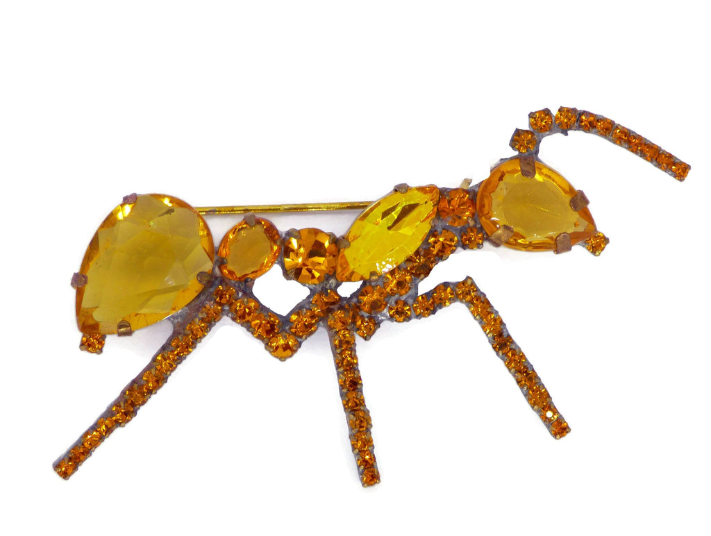 Czech Topaz Glass Rhinestone Ant Brooch