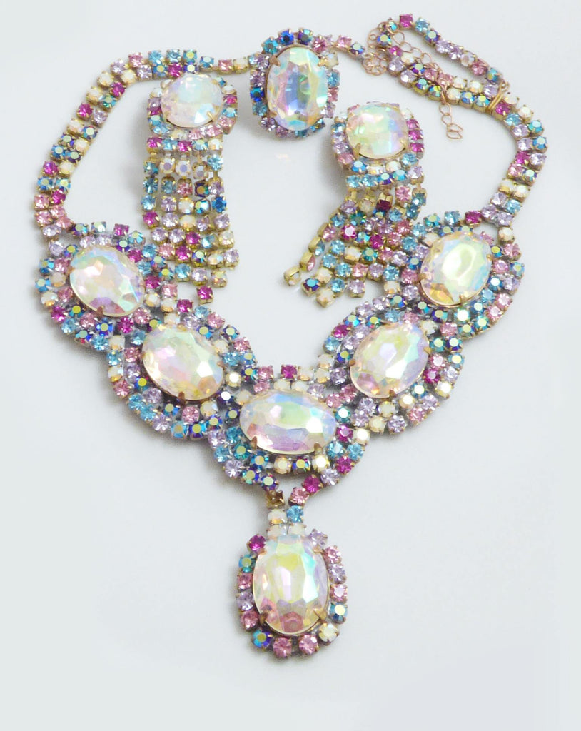 Czech Glass Multicolored Pastel Rhinestone Necklace, Clip Earrings and Ring