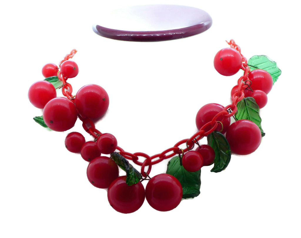 Art Deco Cherry Bakelite Necklace, Red Celluloid Chain