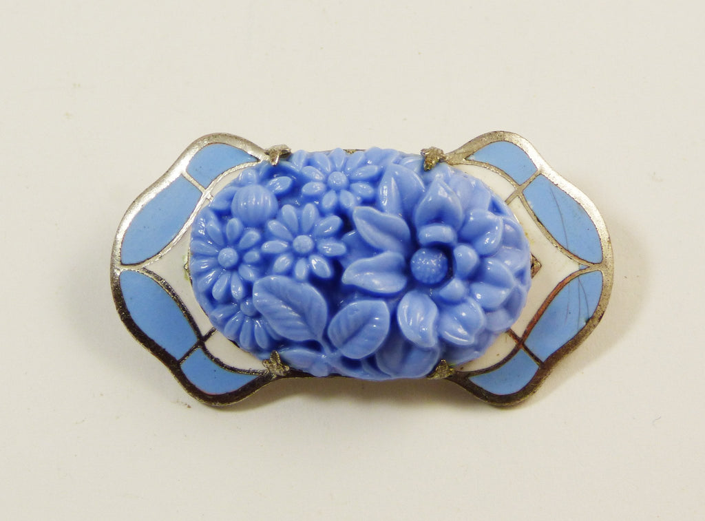 Molded Glass Sky Blue Enamel Art Deco Brooch