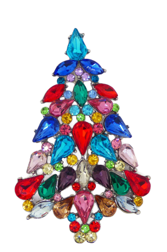 Rhinestone Multicolored Glass Christmas Tree Pin, Holiday Brooch, X-mas Pin