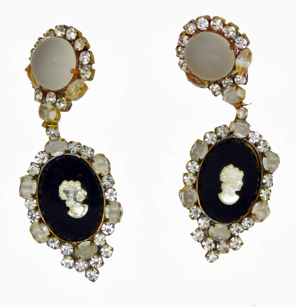 Czech Glass Black Cameo Clip Earrings