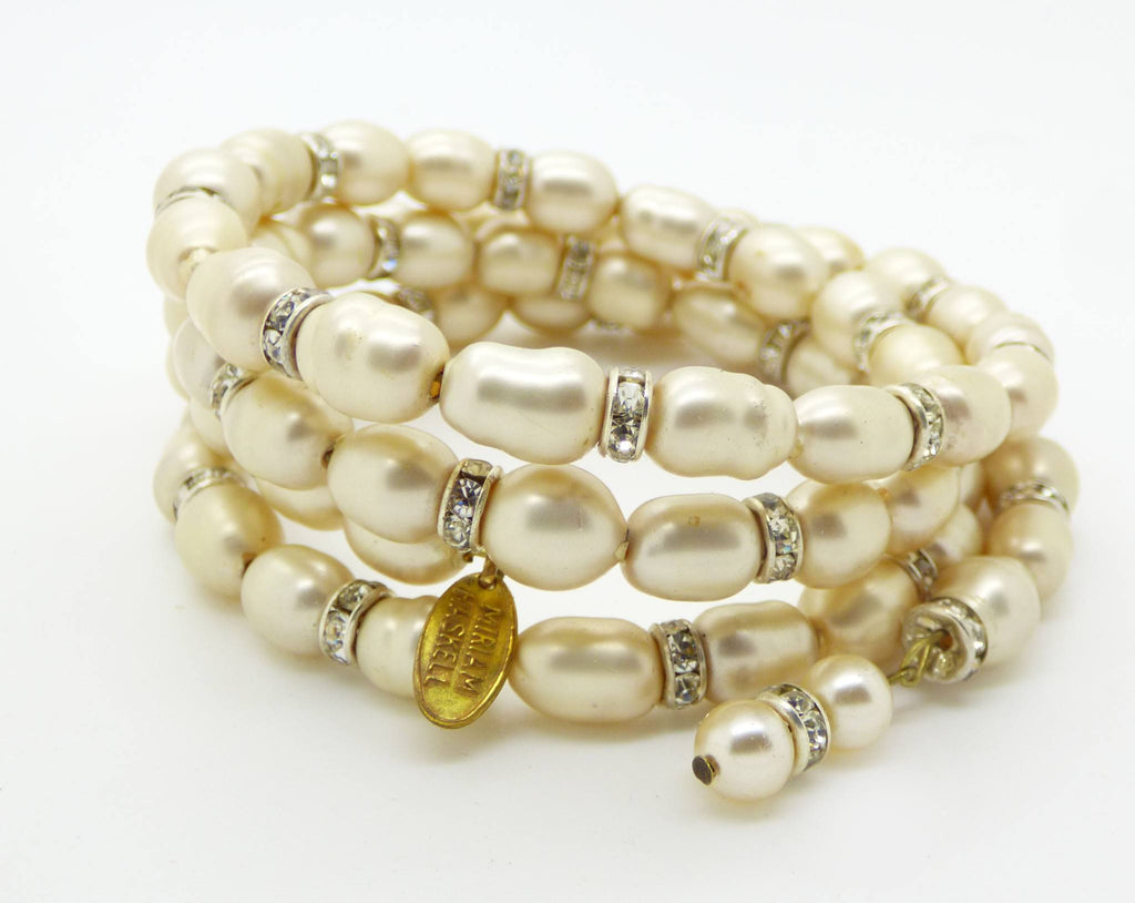 Vintage Miriam Haskell Baroque Glass Pearl and Rhinestone Rondelle Wrap Bracelet