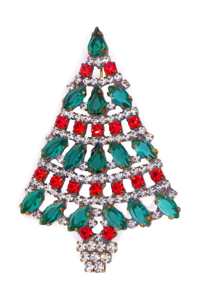 Red and Green Czech Glass Rhinestone Christmas Tree Brooch
