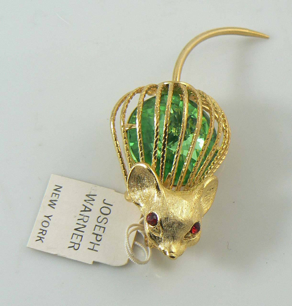 Joseph Warner Caged Peridot Glass Rhinestone Mouse Figural Pin Brooch