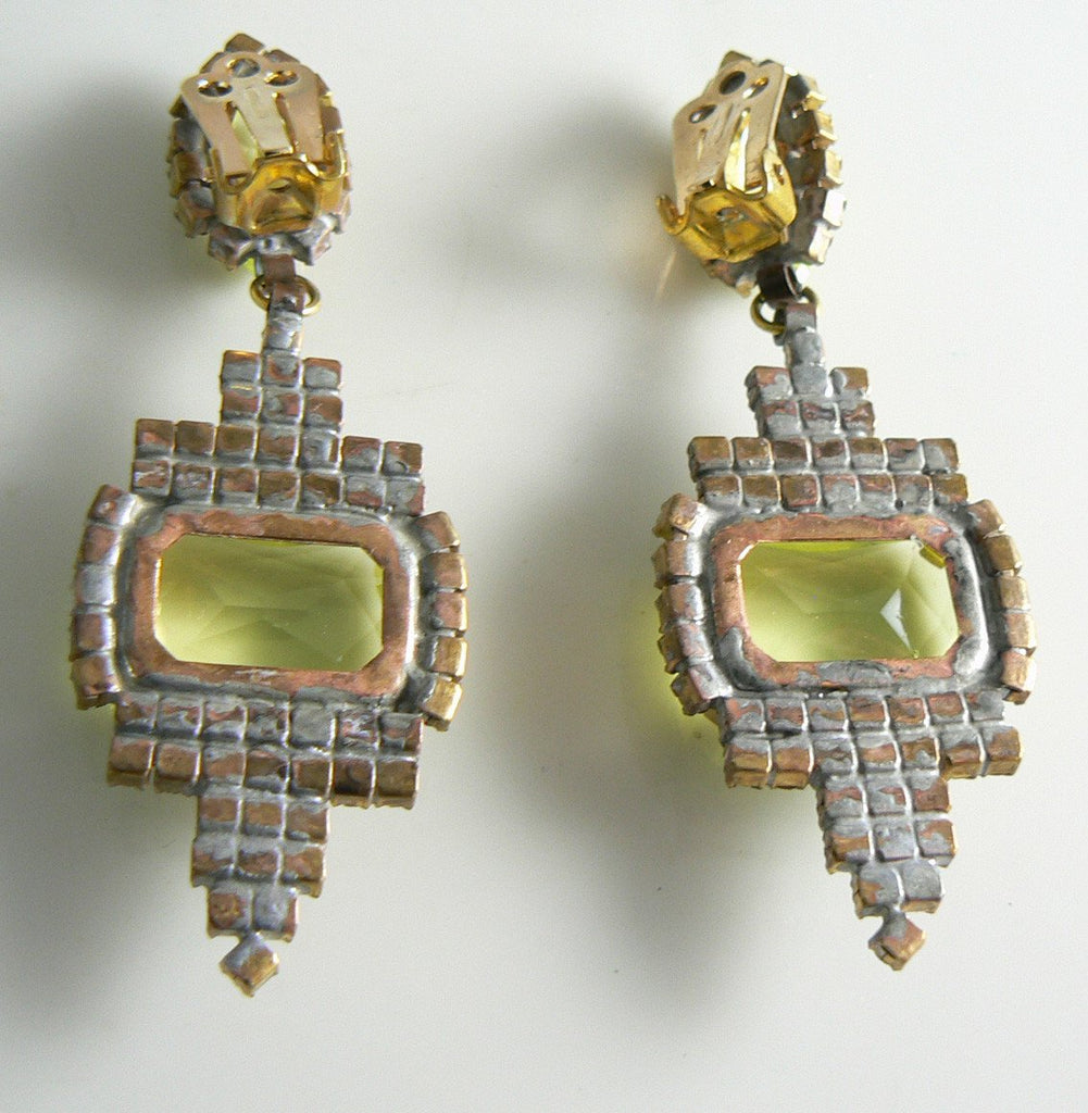 Czech Glass Vaseline Uranium Clip Earrings - Vintage Lane Jewelry